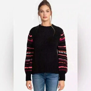 Johnny Was Alpaca Wool Blend Chunky Knit Sweater, Black w/ Striped Sleeves, L